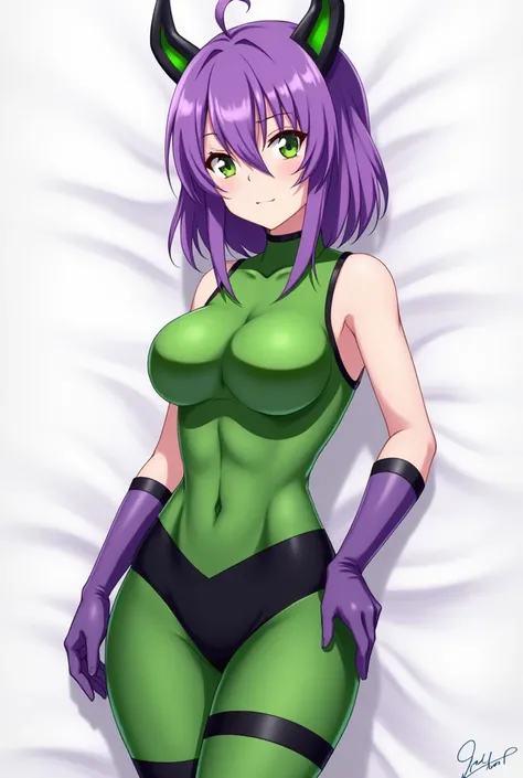  Draw a girl in anime style ,  hourglass body ,  white skin ,  strong purple hair that covers her eyes ,  small green horns with black lines that are on the sides of her head that point upwards, sleeveless green blouse ,  the green blouse has horizontal bl...