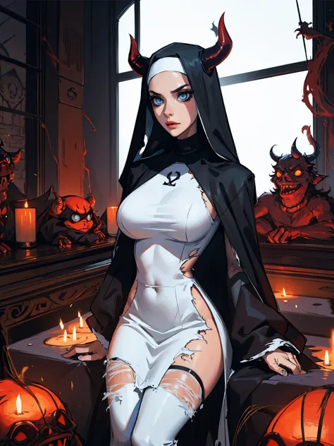 sexual nun (breasts, large breasts), slutty, ugly devil, multiple demons, gangbang, monster, horror, black hair, slender body, blue eyes, mascara, torn clothes