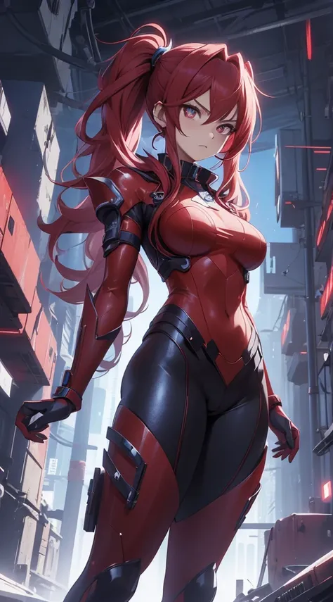 Anime, style, futuristic, hair, red, pigtails, voluminous, eyes, blue, expression, serious, determined, outfit, red, tight, metallic, technological, sensuality, strength, proportions, exaggerated, gloves, belts, abdomen, exposed, urban, ruins, futuristic, ...