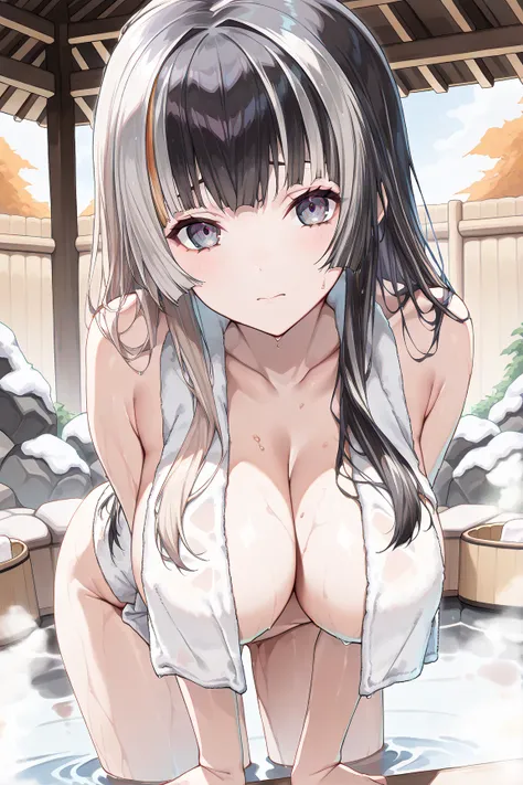 score_9, score_8_up, score_7_up, score_6_up, source_anime, juunfuutei raden  , nijisanji
1girl, towel over breasts, black hair, wet hair, looking at viewer, leaning forward, large breasts, naked, bent over, ((masterpiece)),((highest quality)),((High resolu...