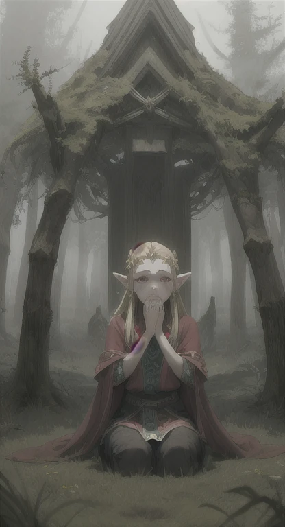 1girl, Ancient Hylian, Hylia, Blonde, red eyes, Hylia, crying at, princess zeldas grave, foggy ruins, foggy forest, sacred grove,