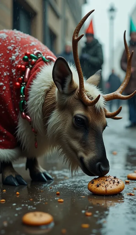  We have a side view on a rainy day of a Santa Claus reindeer with snakes creeping around it, The reindeer has Christmas ornaments around its neck ,  very thin and sad ,  with frayed hair and poor and all wet appearance ,  lying on the floor and trying to ...