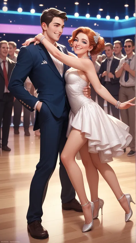 Two beautiful, smiling and anatomically correct people Man and woman dance together on a dance floor at night and a crowd of people surround them in their dance.