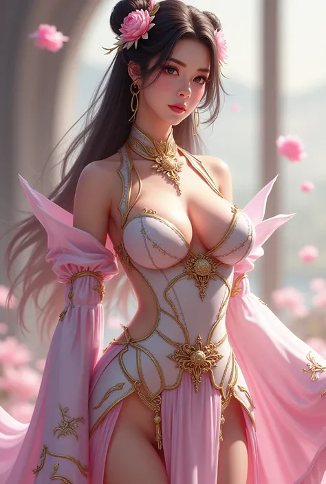 a sexy woman in a white gold and pink lotus lace armor skirt, chengwei pan on artstation, by Yang J, detailed fantasy art, stunning character art, fanart best artstation, epic exquisite character art, beautiful armor, extremely detailed artgerm, detailed d...