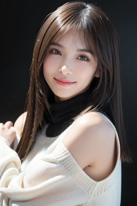 ((( face close-up )))、((( shoulder-length brown straight long ))、((( Shes posing like a model in a hair salon, Indoor black wall background.)))、(((Casual black winter long sleeves covering the shoulders)))、half Japanese , Half Korean、 an 18 year old girl、 ...