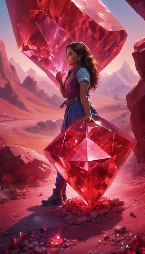 a young woman digging out a large red crystal from the ground, highly detailed, photorealistic, 8k, studio lighting, dynamic pose, digital painting, mystical atmosphere, vibrant colors, fantasy landscape, glowing crystal