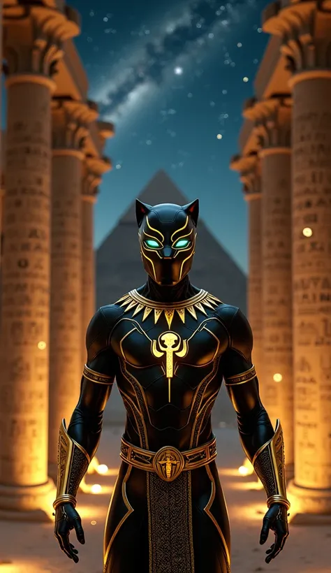 Create a hyper-realistic animation of Black Panther reimagined as a symbol of Egypt, embodying the mystique and grandeur of ancient pharaohs with a futuristic twist. His suit is a stunning combination of obsidian black and shimmering gold, adorned with int...