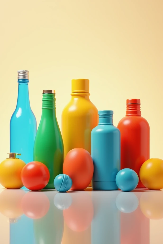 Different sizes, shapes , and colors of PET bottles on a table 