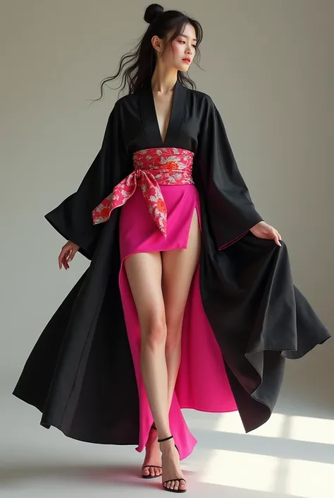 Black kimono with pink miniskirt and large obi showing shoulders 