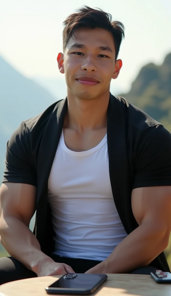  Korean man wearing a white T-shirt with round neck fit , black sports jacket , (((Big arm muscles,  tight breasts ,  Muscle Bundle, ))), ((( Jeans .  stares at the camera with a thin smile ))), (((Men with short hair))), (((, big muscles, big torso))), ((...