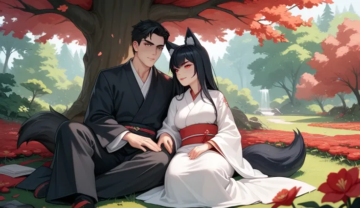  A guy and a girl are sitting under a tree in the forest ,  The girl has black hair ,  the guy has white long hair ,  both have fox ears ,  girl in a black kimono with red flowers,  the guy in the white kimono ,  the guy has red eyes ,  The girls eyes are ...