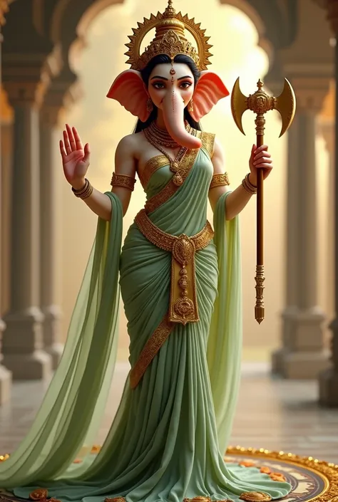 "Create an image of the extremely beautiful warrior Goddess Vinayaki, the female counterpart of Lord Ganesha and one of the Sapthamatrikas. She is depicted as an elegant and graceful goddess with the small head of an woman elephant and the beautiful slim b...