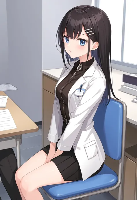  anime image quality、Anime Images、8k、 high image quality、doctor、white doctor coat、 sit on the chair 、one girl、Background hospital 、black short skirt pants、