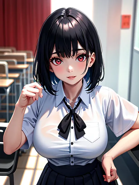  dynamic angle,  ridiculous results,original,and beautiful, beautiful and detailed eyes and face,girl,  unique , Big breasts,  black hair ,  red eyes ,  short hair , School Uniform,  white shirt , skirt,  lapel shirt , Short bangs