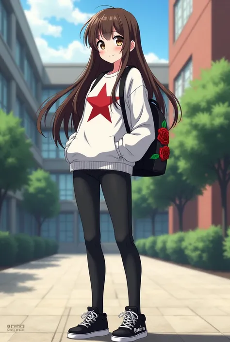 Anime high school girl wearing black pants ,  sweatshirt with white star print  , black backpack with Rosa ,  long brown hair and with black shoes with the name Barbara