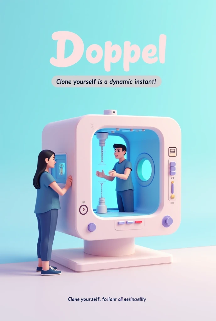  Promotional poster for a futuristic cloning machine called Doppel ,  designed in a simple cartoon style and without lighting or shading .  The upper design shows a rectangular machine with clear lines and flat colors ,  connected to transparent tubes wher...