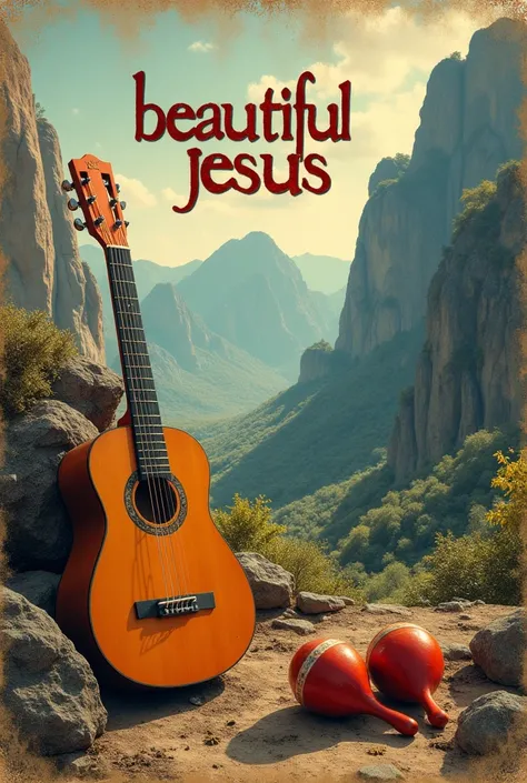 A landscape with rocks and mountains in the distance and a guitar and maracas in the foreground, with a phrase that says: "Beautiful Jesus", an image in Album Cover style