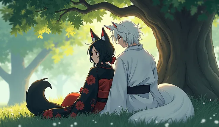  A guy and a girl are sitting under a tree in the forest ,  The girl has black hair ,  the guy has white long hair ,  both have fox ears ,  girl in a black kimono with red flowers,  the guy in the white kimono ,  the guy has red eyes ,  The girls eyes are ...