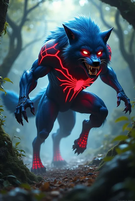 Wolf Spider-Man - A ferocious wolf with glowing red-and-blue fur, web-like patterns on its chest, and the ability to swing from trees using strong