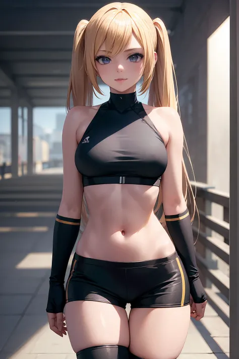 happy, looking at spetactor, 1girl, solo, kharia, blonde hair, long hair, tits, brown eyes, flat chest, sport minipants, attached sports croptop, black thighhighs, streets, 8k, uhd, hyper realist, cgi, high quality, perfect face, detailed eyes,nips, Twinta...