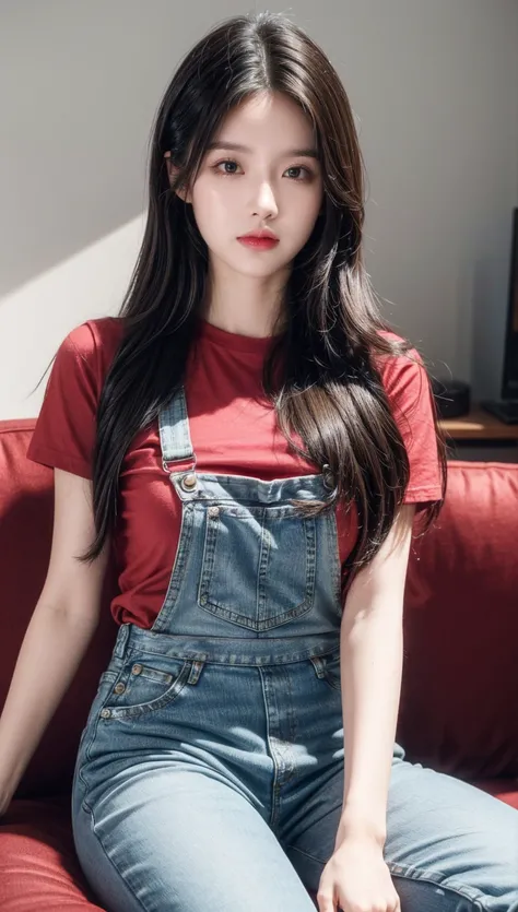 +  Masterpiece ,   best quality ,  many details ,Wear a red T-shirt, Wearing tight jeans , Beautiful face, ,  Precious details , (long,  Silvery hair, slipping, weight, slick, soft),   perfect face  , overalls, Sitting, Clas Up  , Sofa in condo room 