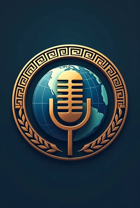 Create a logo that is a world with a microphone and that has a logo representative of Greek mythology, that has a connection with journalism