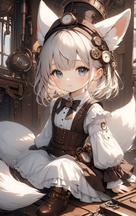    masterpiece:1.2， top quality，  high definition  ，8ｋ，  steampunk， white baby fox ，cute,