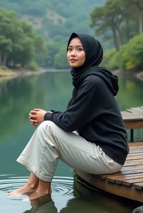 realistic portrait of an Indonesian woman wearing a hijab wearing a black hoody, white cargo pants, seen sitting in a place made of wood on a row, under which is a small river, her feet can be seen floating in the water, with a beautiful view of the river,...