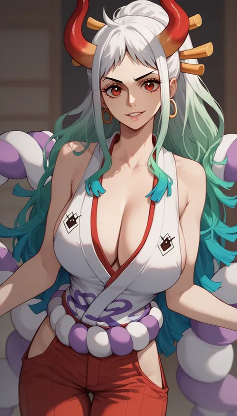 (parted lips:1.2), :1.2) 1girl, solo, yamato(one piece), cleavage, multicolored hair, white hair, green hair, oni horn ,colored horn, long hair, red eyes, sleeveless kimono, white kimono, red pants, smile, happy, from front, (((skinny))), big breasts, 