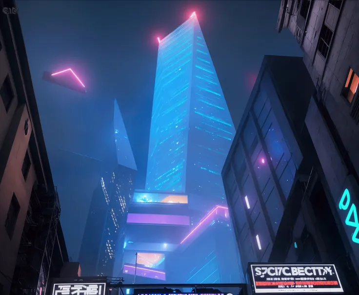 Looking up，Night city，City buildings in the dark， skyscraper directly above， neon lights ，UE5 Rendering，3D Rendering，