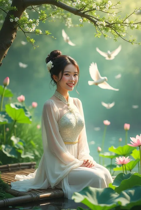 very realistic high resolution photo, beautiful asian woman 30 years old, fat body, halfbun hair with small white flowers on the ears, wearing a long white dress with brocade pattern with flower collar and flower sleeves, the woman is sitting smiling facin...