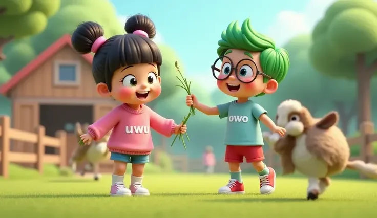 "A 3D Pixar animation scene featuring two adorable siblings feeding goats in a vibrant farm setting. Uwu, a  girl with her hair in two buns on top and bangs, clear hair fiber, wearing a pink sweater with uwu written on it, blue shorts, short socks, and whi...