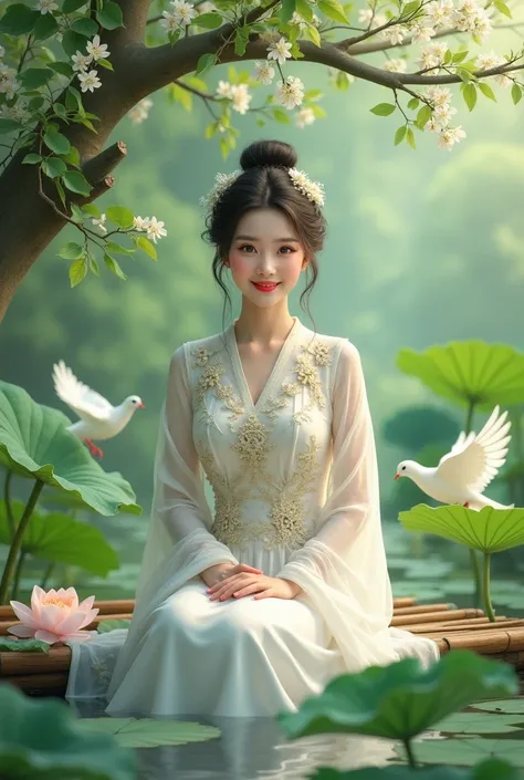 very realistic high resolution photo, beautiful asian woman 30 years old, fat body, halfbun hair with small white flowers on the ears, wearing a long white dress with brocade pattern with flower collar and flower sleeves, the woman is sitting smiling facin...