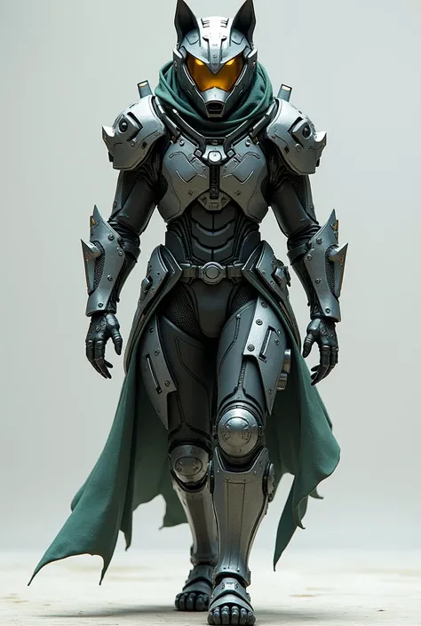 Image of the full-body character walking. Helmet made of metallic plates ,  and closed visor in neon silver color .  The Lycos armor is a combination of dark leather made of liquid metal , metal and cybernetic coat ,  reflecting his werewolf transformation...