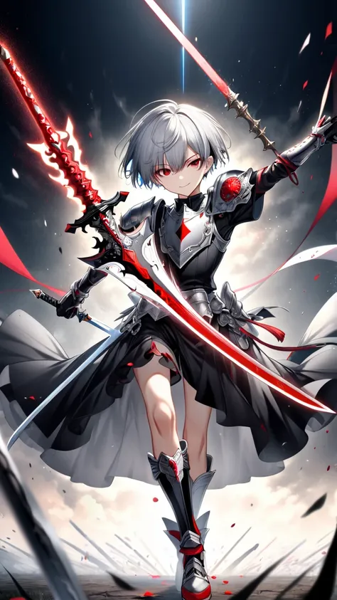 (beautiful and delicate) (holy war illustration), (in a black butler Knight Armor), break, focus face, solo, frontale, full body, (delicate crew cut, vivid silver hair, very short hair), (ultra cool beauty sword Knight boy), age 16, (ultra cool red eyes), ...