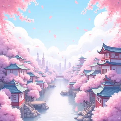  the color of the cityscape in the Meiji era　 pink　Purple　 blue
No people 　Cityscapes only 　 cherry blossom petals are dancing 　Focus on cuteness