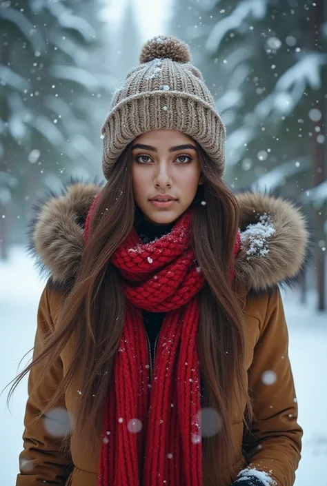 young woman, beautiful, perfect, long brown hair, brown  eyes, gorgeous, fuzzy hat, fuzzy red scarf, gloves, winter outfit, dynamic pose, cold, pine forest background, blizzard, snowflakes, realistic, detailed, photography, great lighting, 4k, realistic, v...