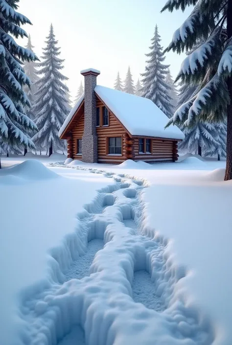 ((masterpiece, highest quality, Highest image quality, High resolution, photorealistic, Raw photo, Extremely detailed CG unified 8k wallpaper)), Footprints in Snow,  The footprints lead up to a large log cabin.