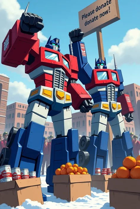 (Anime Render of Transformers Decepticons), running a Food Drive at a local Food Bank, Ordering you to Donate food For the needy, pointing his fist at me and saying "Donate To The Needy Now! Or Else!" , Snowy, large sign saying "Please Donate Now!" , canne...