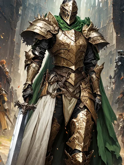  medieval knight, fancy,  fantastic armor, long sword, Short green cape .