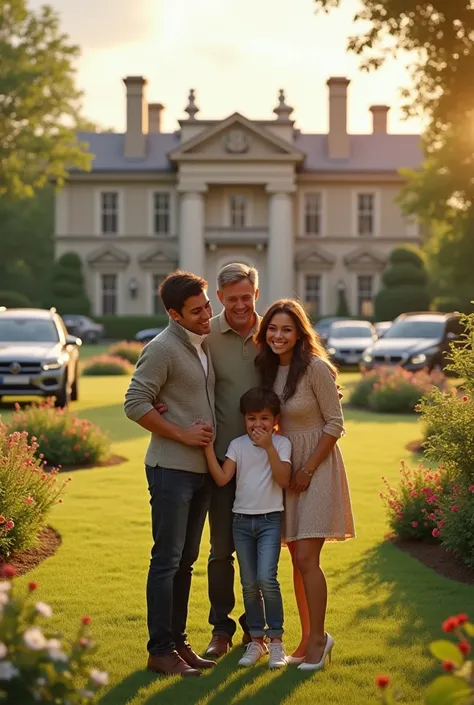 A happy family in the backyard with a mansion in the background and some cars around.