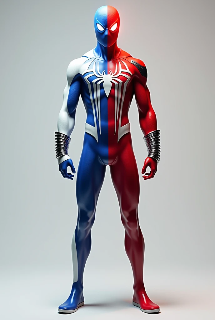 A full white body spiderman in a white suit with blue details on one half and red on the other half, with one blue eye and one red eye, a large spider on the chest that runs across the shoulders and waist and bracelet slightly thick metal with vertically s...