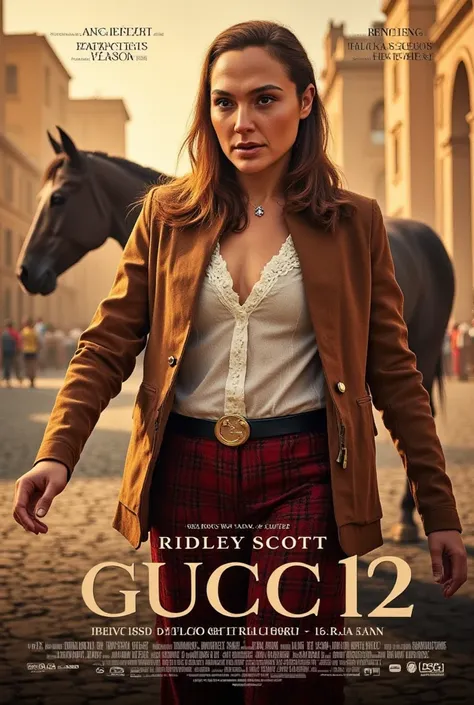 New Movie Poster, Title is elegant letter " Gucci 2" writing letter at bottom screen, Gucci 2 , Gucci Resurrection, directed by Ridley Scott, starring American actress, (1 woman, name is Gal Gadot, long hair, shot hair, serious),(functional beauty camel br...