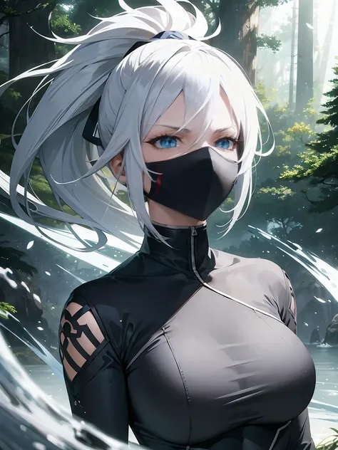 1 Beautiful white haired, girl, ponytail, blue eyes, ninja girl, fight, forest cgi background, ninja face mask, full, solo, hyperdetailed body