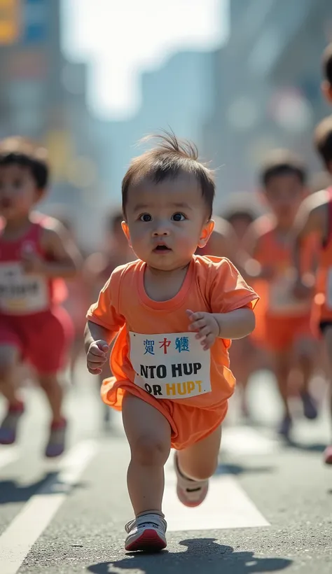  A small 3-month-old Japanese baby is running a marathon at a marathon　There are baby runners around 　 high definition 、 top quality、 real　 realなphotograph　8k　photograph　reality　