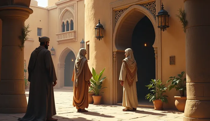 A young man and a woman Standing in front of the door of a clerics house in ancient Medina And meet with the cleric 