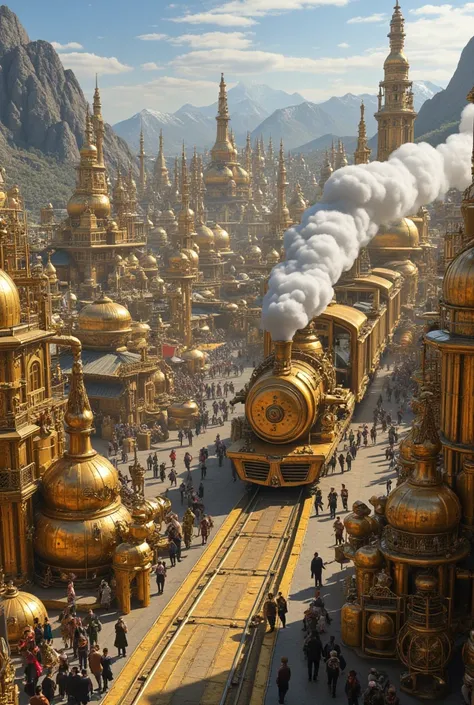  make a huge village city in the color of polished and shiny reflective gold and silver complex steampunk style with houses and townhouses and long and wide steam pipes and gigantic industrial machines with wide metal pipes,, The wind spreads steam from th...