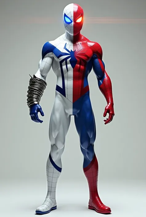 A full white body spiderman in a white suit with blue details on one half and red on the other half, with one blue eye and one red eye, a large spider on the chest that runs across the shoulders and waist and bracelet slightly thick metal with vertically s...