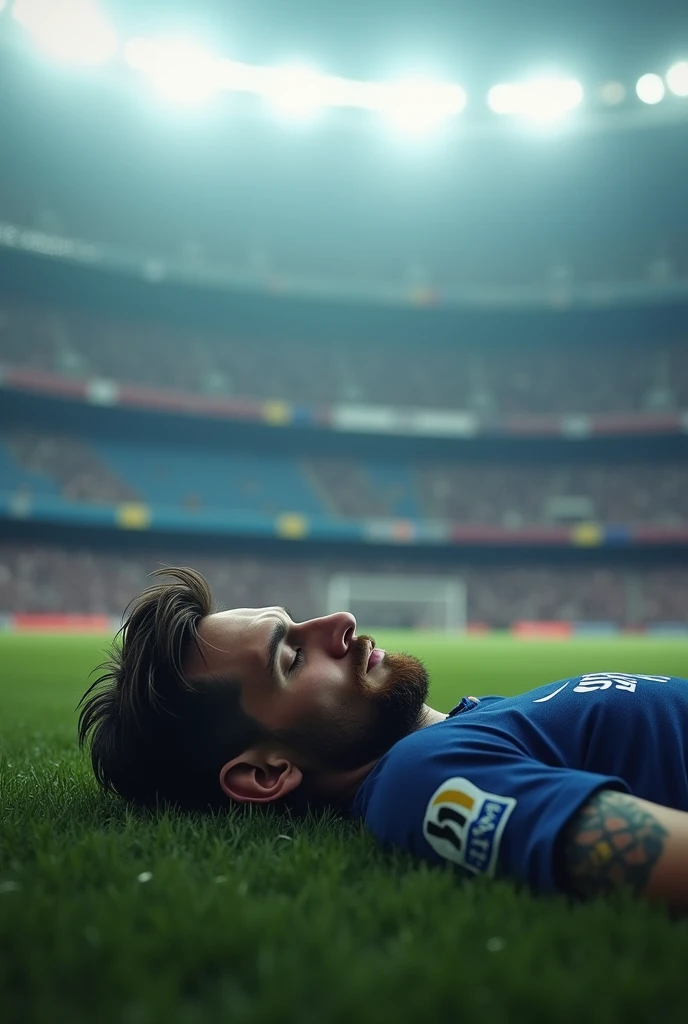 Messi is sleeping in the football stadium