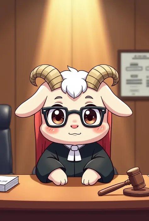 Chibi cartoon
Little Goat Doll
Put on glasses
Put on a black judge dress
Sitting at the desk
In court
Japanese Anime Picture Style